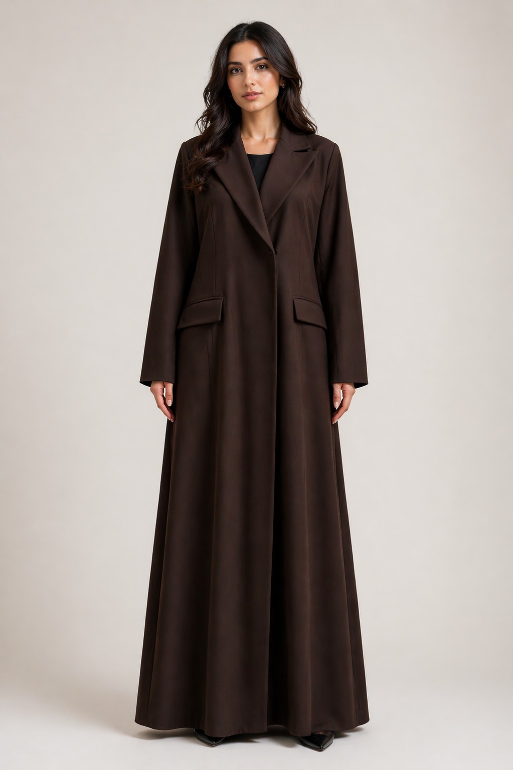 N001, a tailored coat-abaya in espresso wool