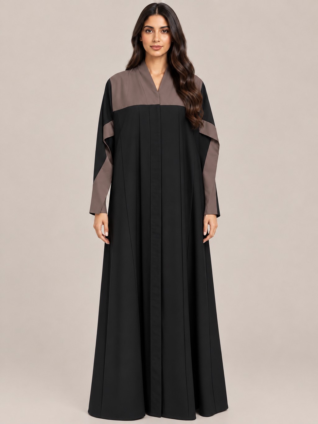 N004, a black abaya with a mocha yoke across the chest