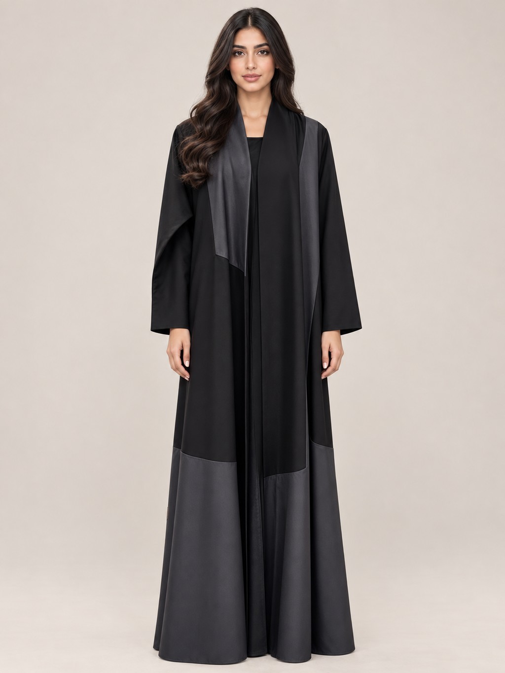 N003, a black crêpe abaya with satin collar and hem band