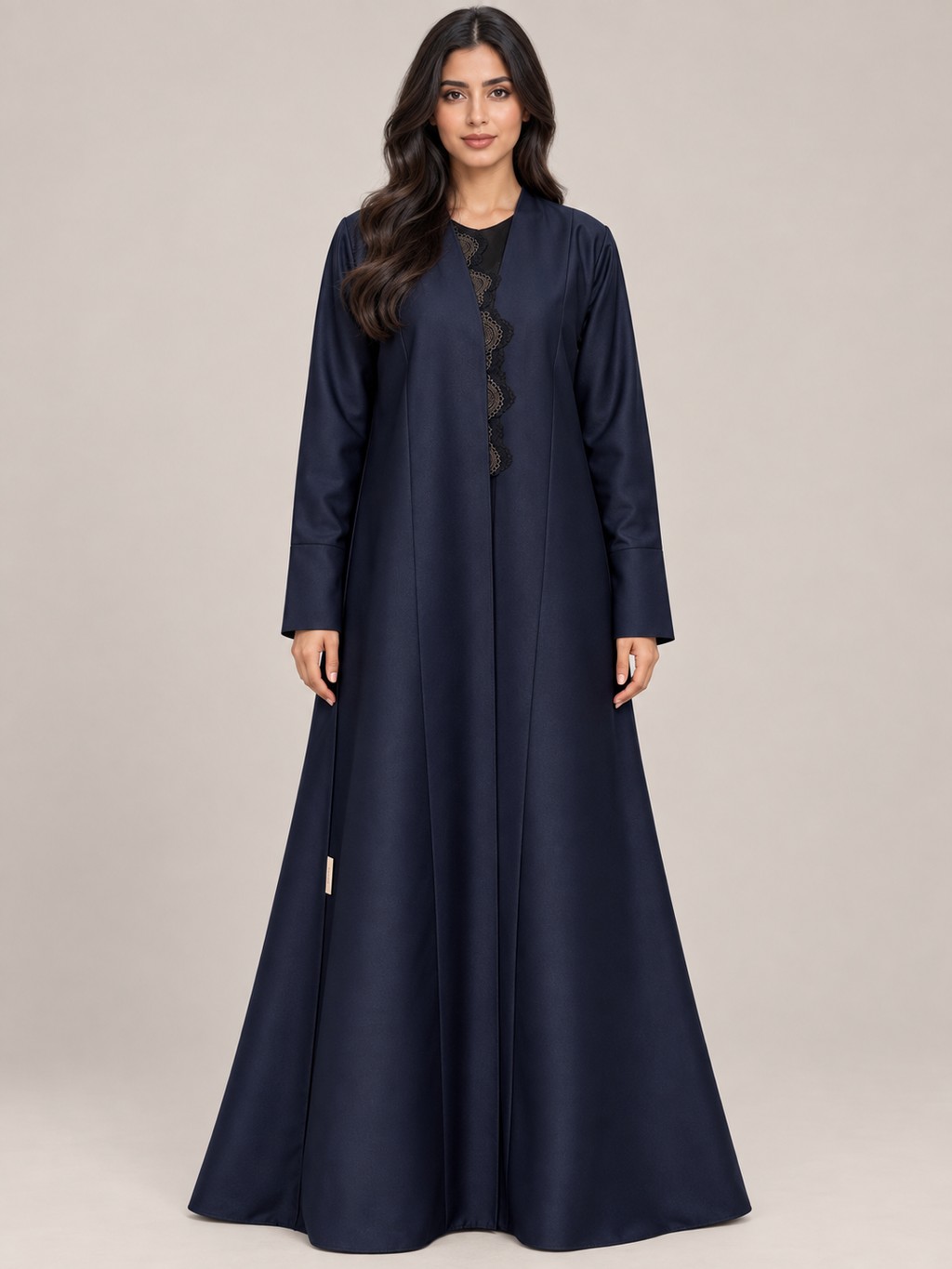 N007, a navy abaya with a full flared skirt and a black lace panel