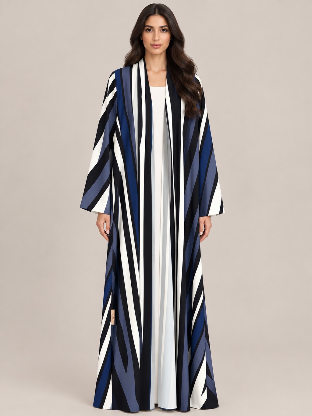 N005, an open abaya in broad navy, ivory and black stripes